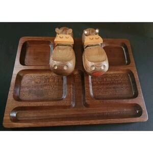 Vintage Zoo-line Mr & Mrs Hippo Teak Wood Dresser Caddy / Desk Organizer MCM